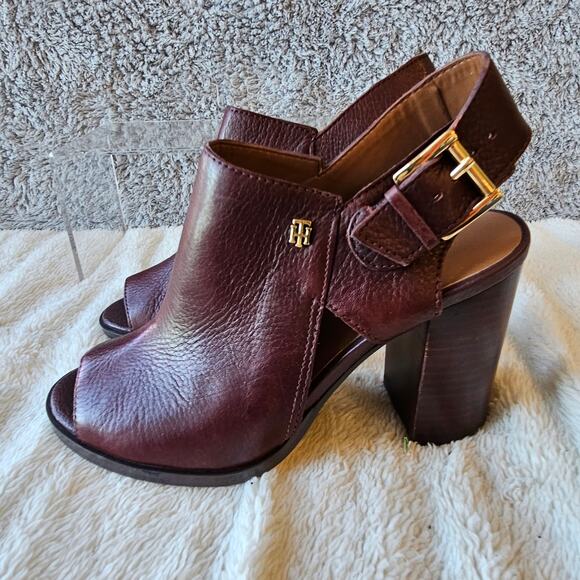 Tommy Hilfiger Womens Peppy Pebbled Leather‎ Peep Toe Heels Sandal 6M Burgundy - Picture 4 of 8